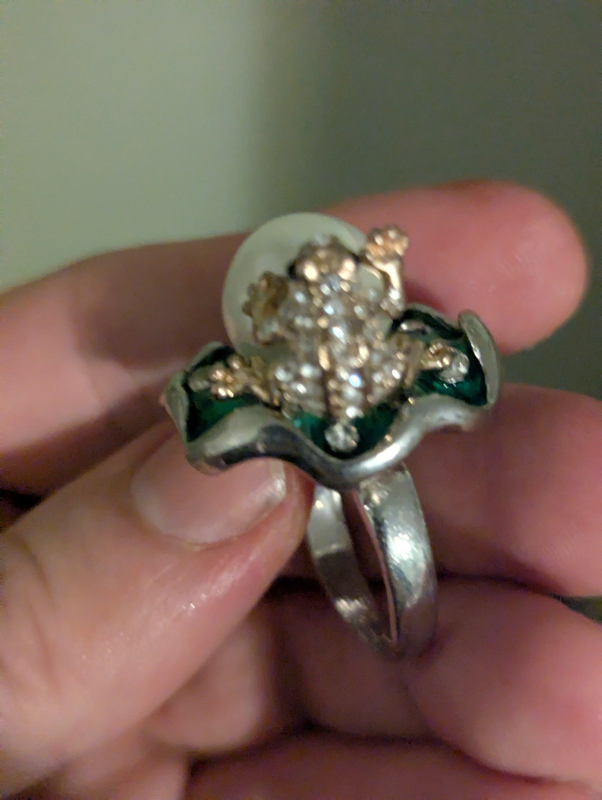 A Frog Ring With A Fake Pearl! It Is Green Yes, Yes Indeed. At least Has In It