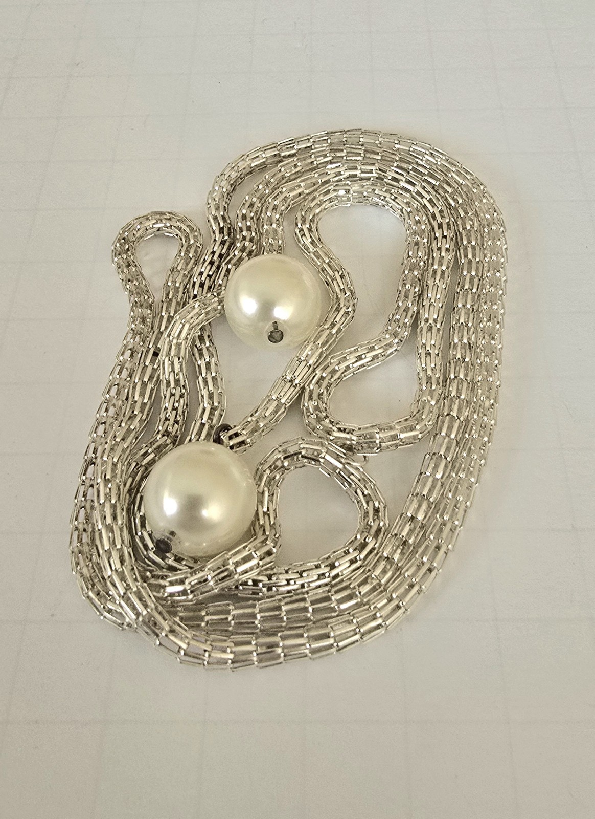 Lariat Faux Pearl Silver Tone Rope Chain Necklace