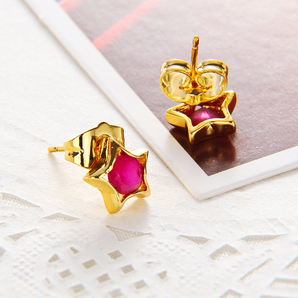 Cute New 18k Yellow Gold Filled Star Set Round Red CZ Stud Earrings