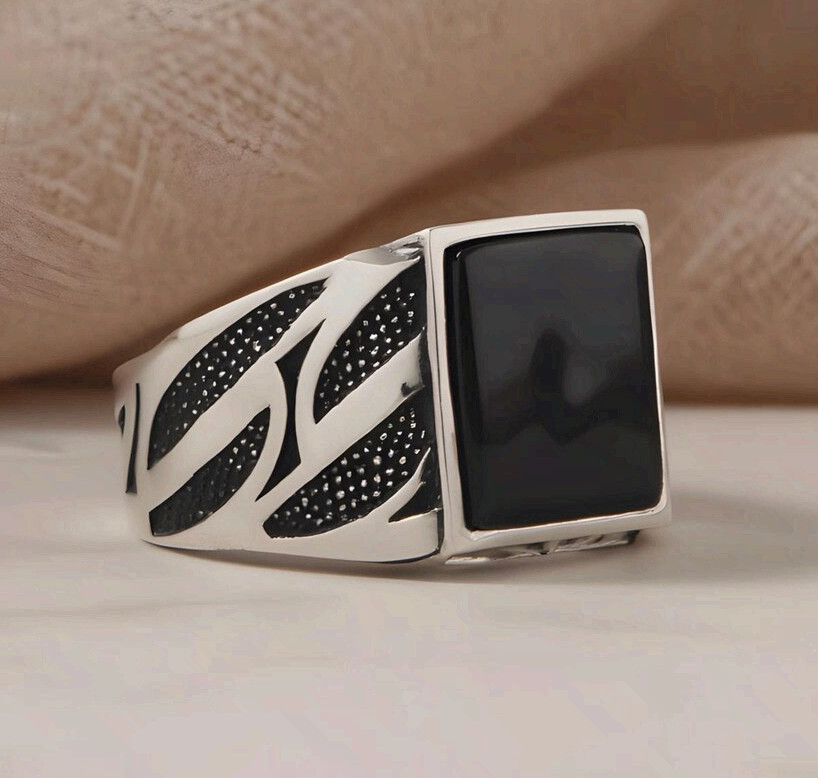 Surgical Steel Black Onyx Signet Ring Mens Vintage Textured Statement Band