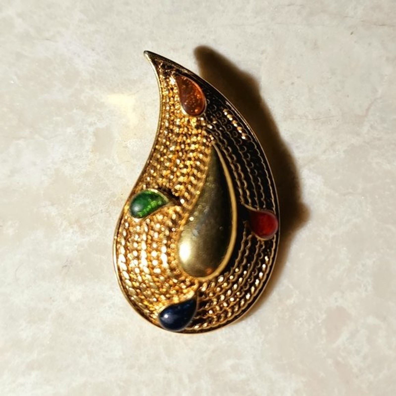 Vintage Avon Gold Paisley colorful gemstone brooch