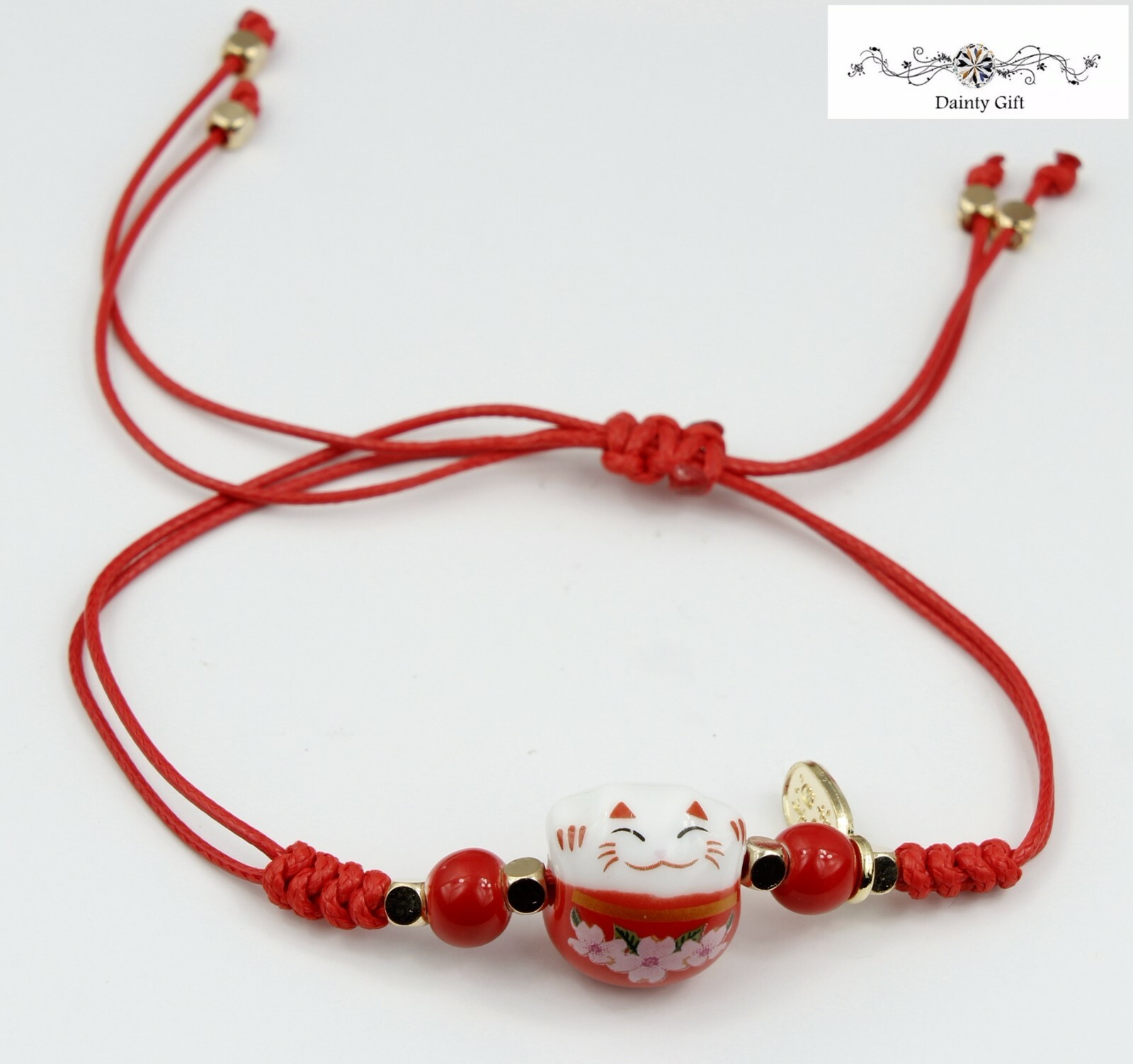 Girl Women Luck Ceramic Fat Flower Cat / Kitty Animal Adjust Rope Bracelet 4-11″