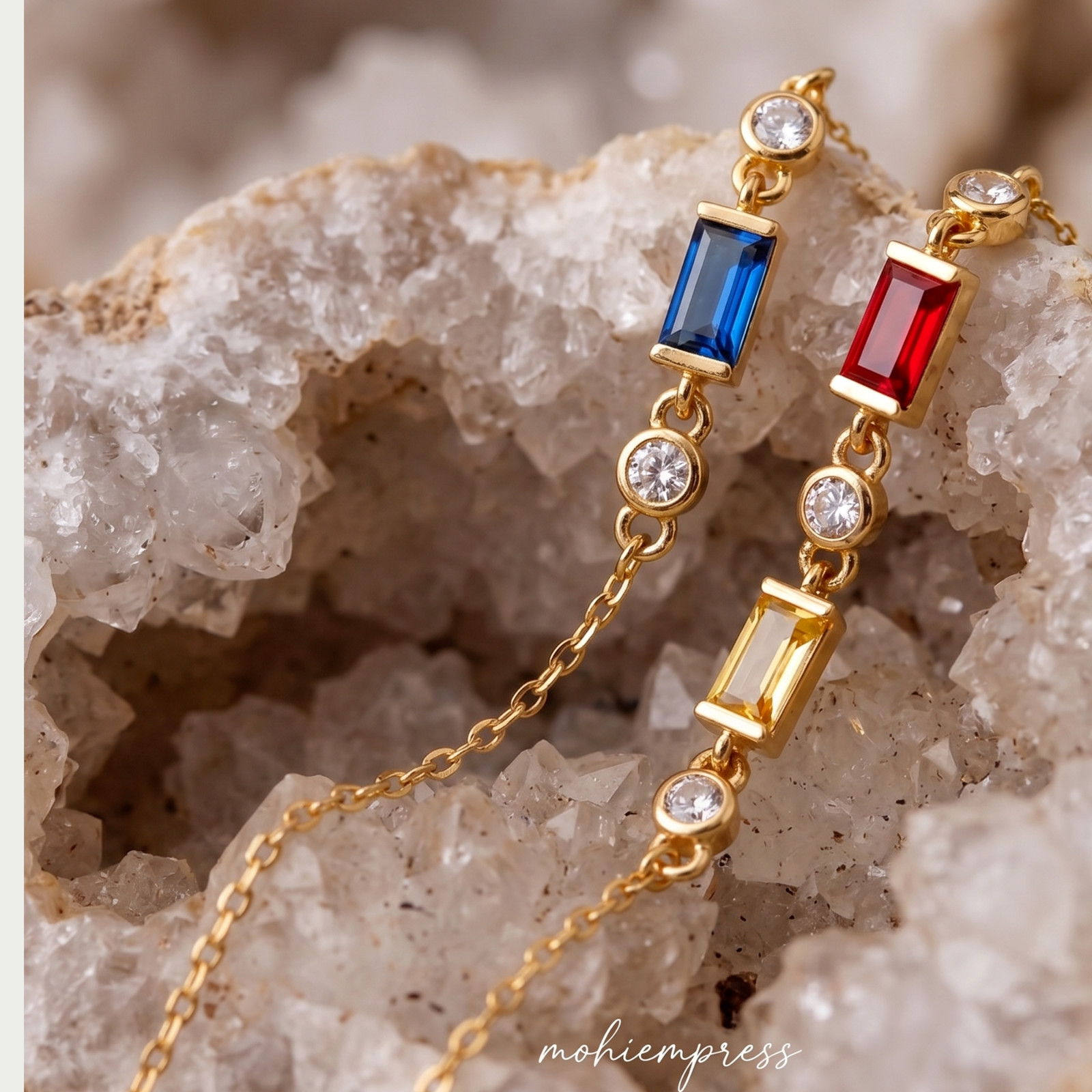 Personalized Baguette Birthstone Bracelet, Sterling Silver Gemstone Jewelry