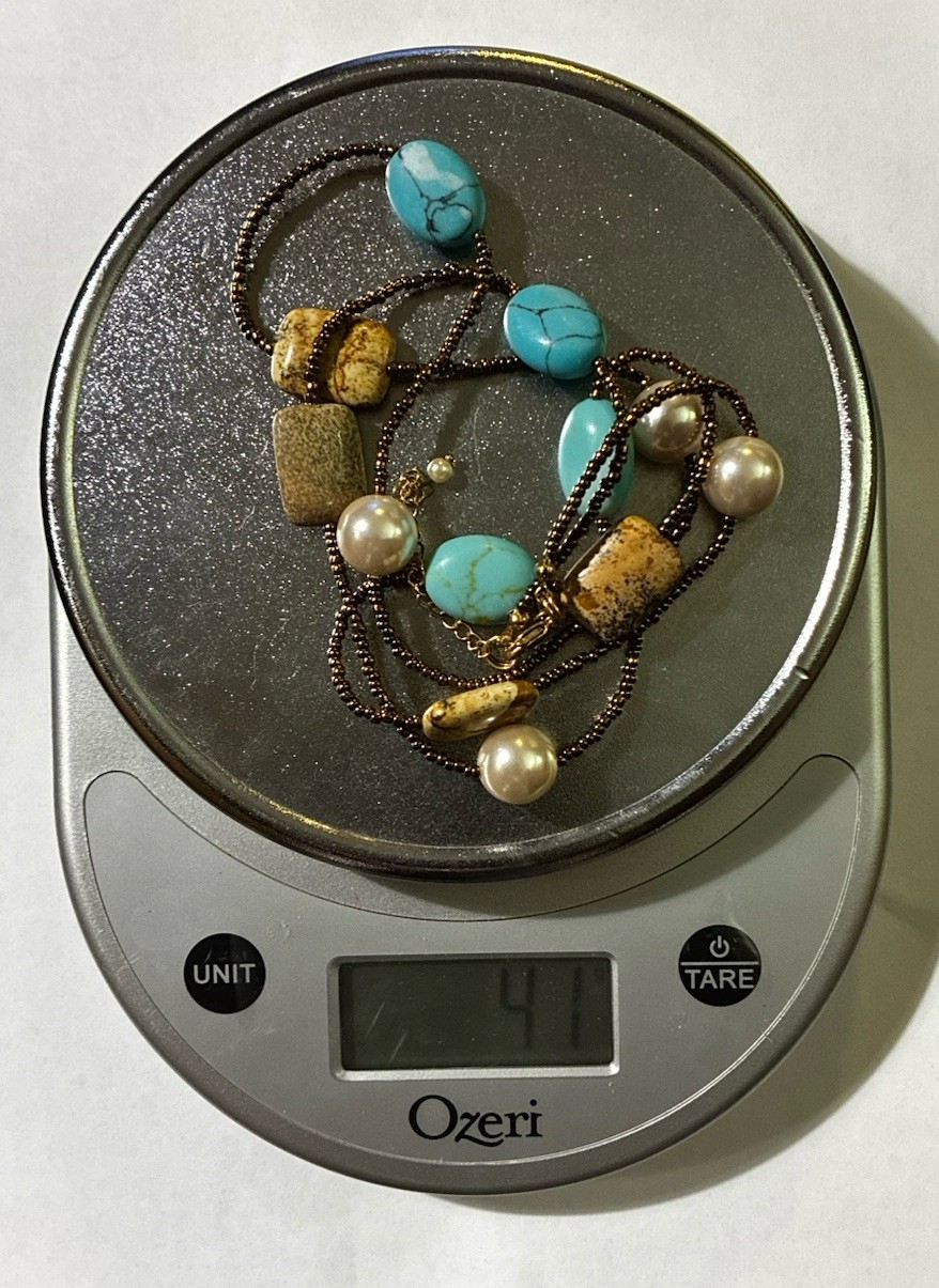 Lia Sophia “Capri” Genuine Jasper & Turquoise, Faux Pearls, Gold Long Necklace