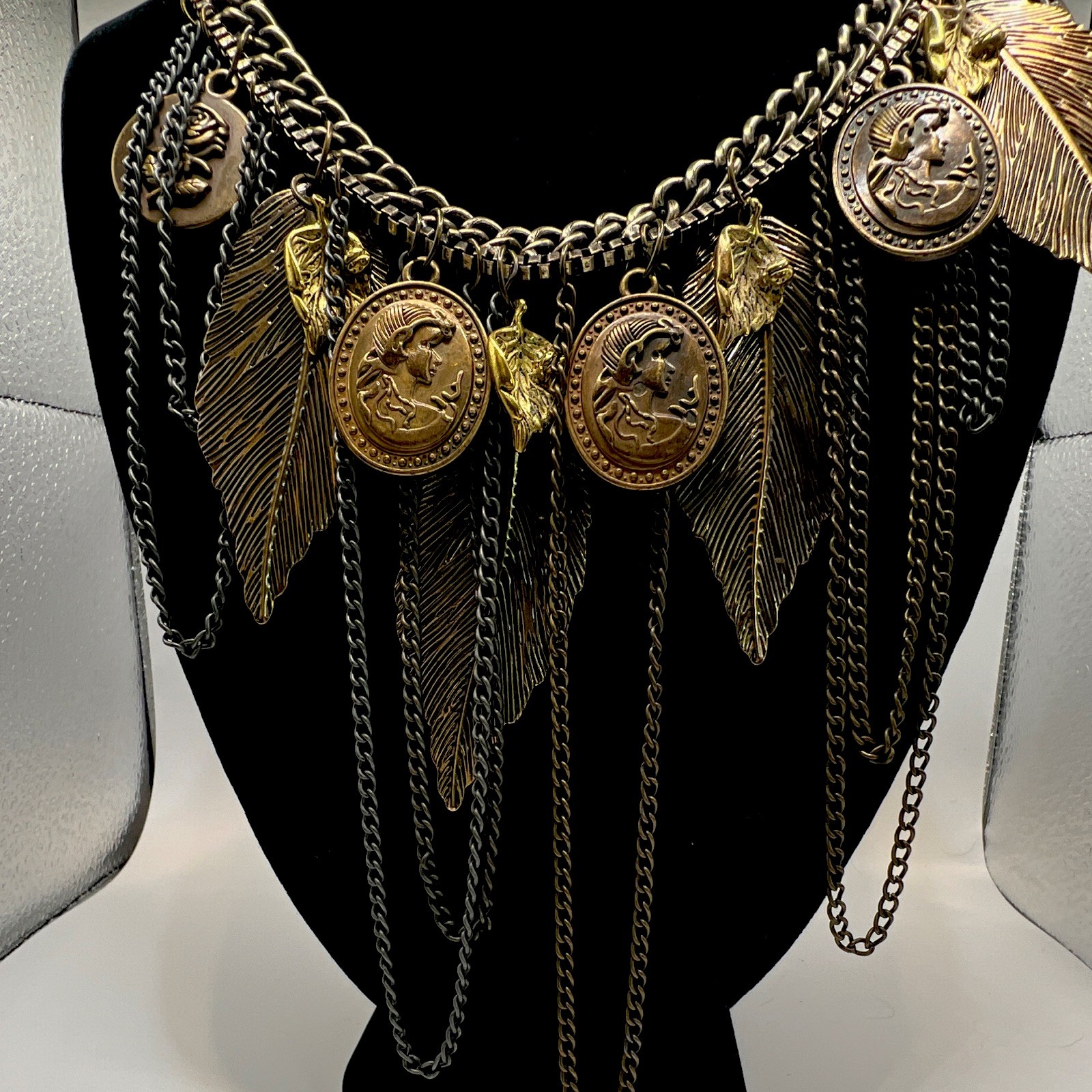 Antique Gold Gunmetal Curb Chain Bib Statement Necklace, Leaf Charm, Adjustable