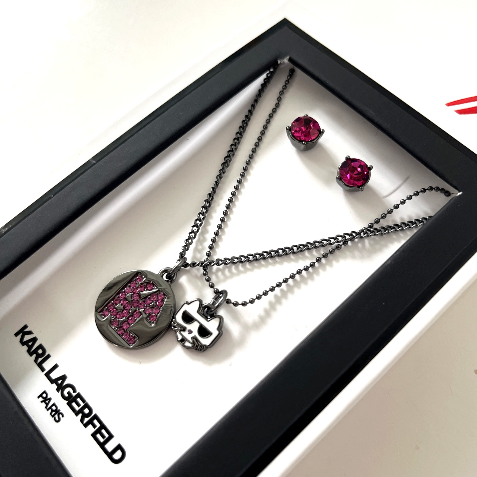 New in Box 2pc KARL LAGERFELD Pavé Logo Layered Pendant Necklace & Stud Earrings