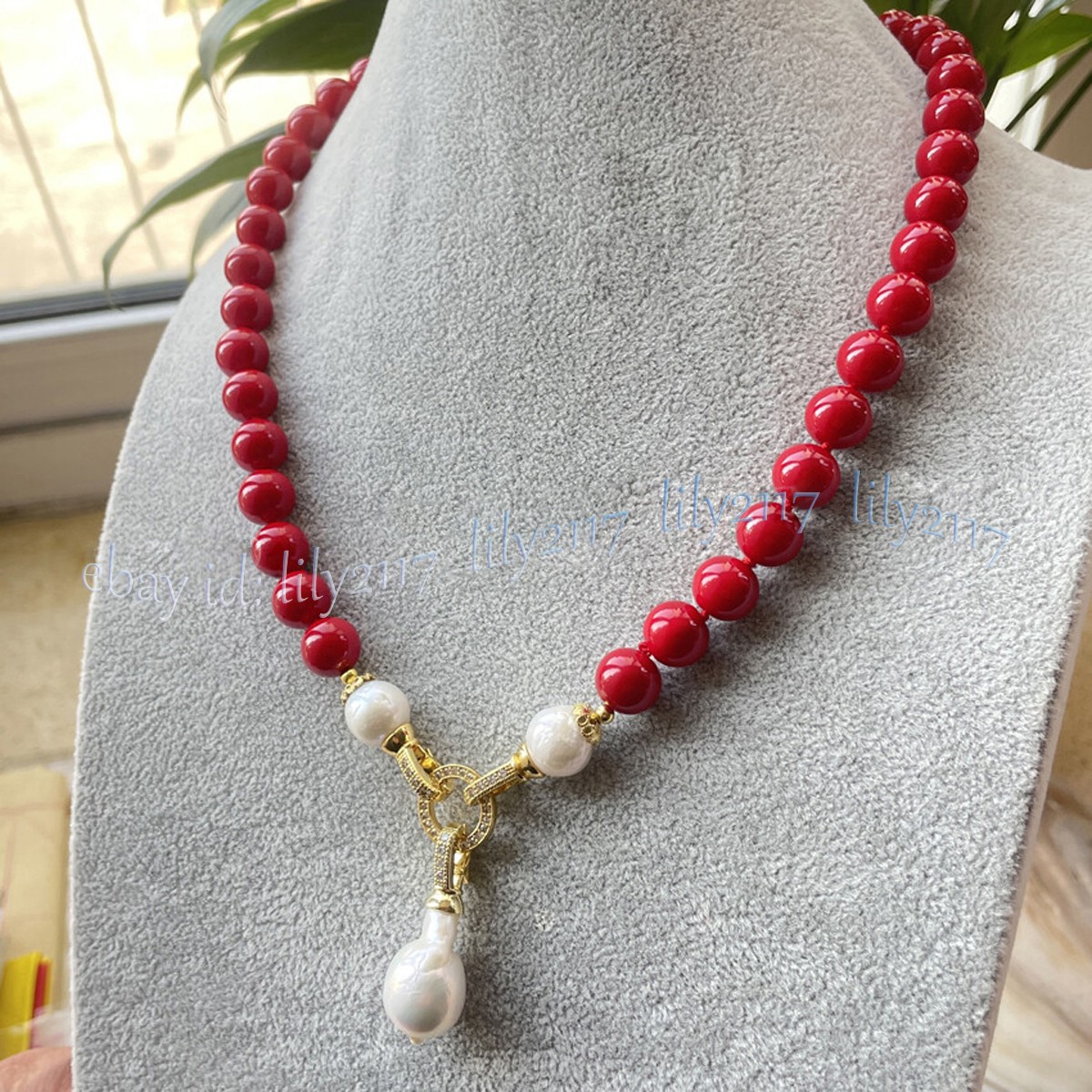 Red Coral Round Gems Beads Natural White Keshi Baroque Pearl Pendant Necklace