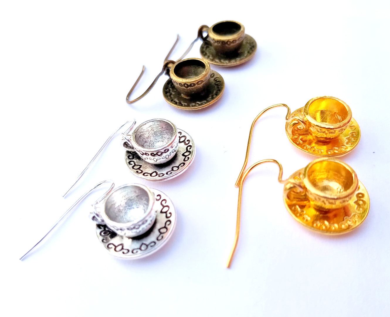 Mini Metal Tea Set Cup and Saucer Charm Earrings -Gold, Silver, or Bronze Colors