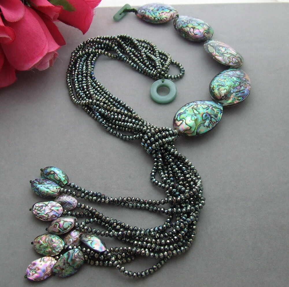 Natural Paua Abalone Shell&Crystal Necklace
