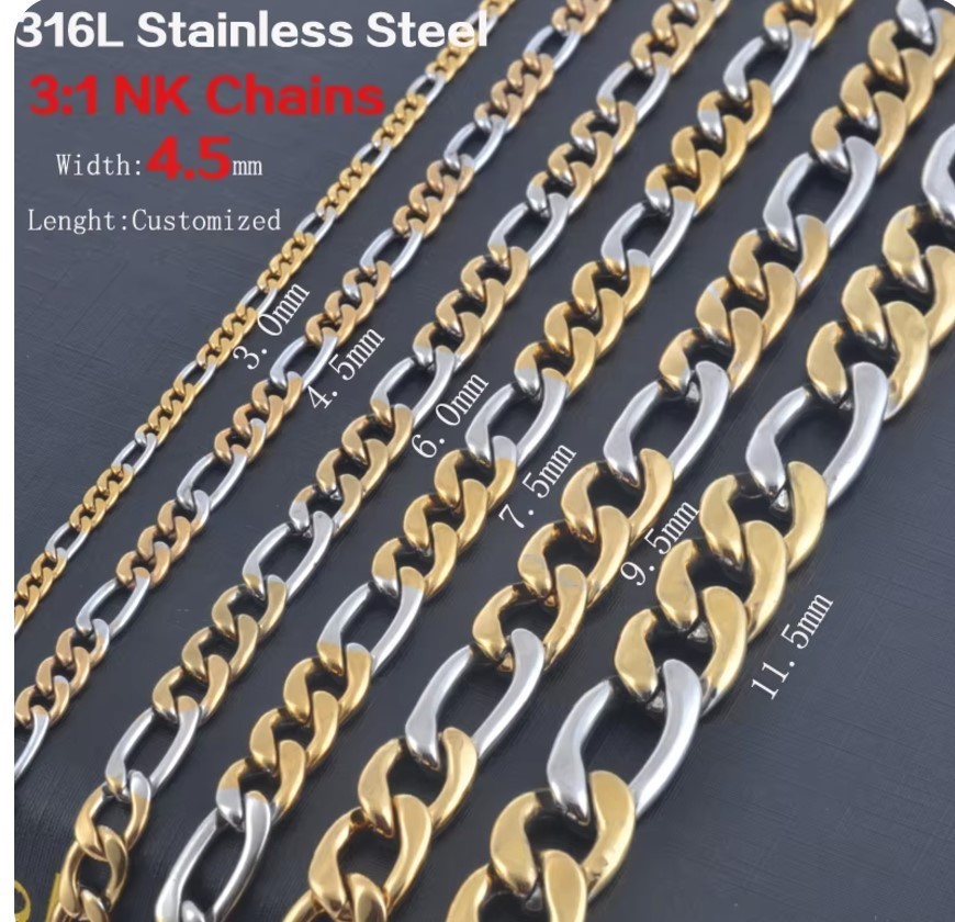 STAINLESS STEEL Gold and Silver Tone FIGARO CHAIN 24 in long 3mm wide