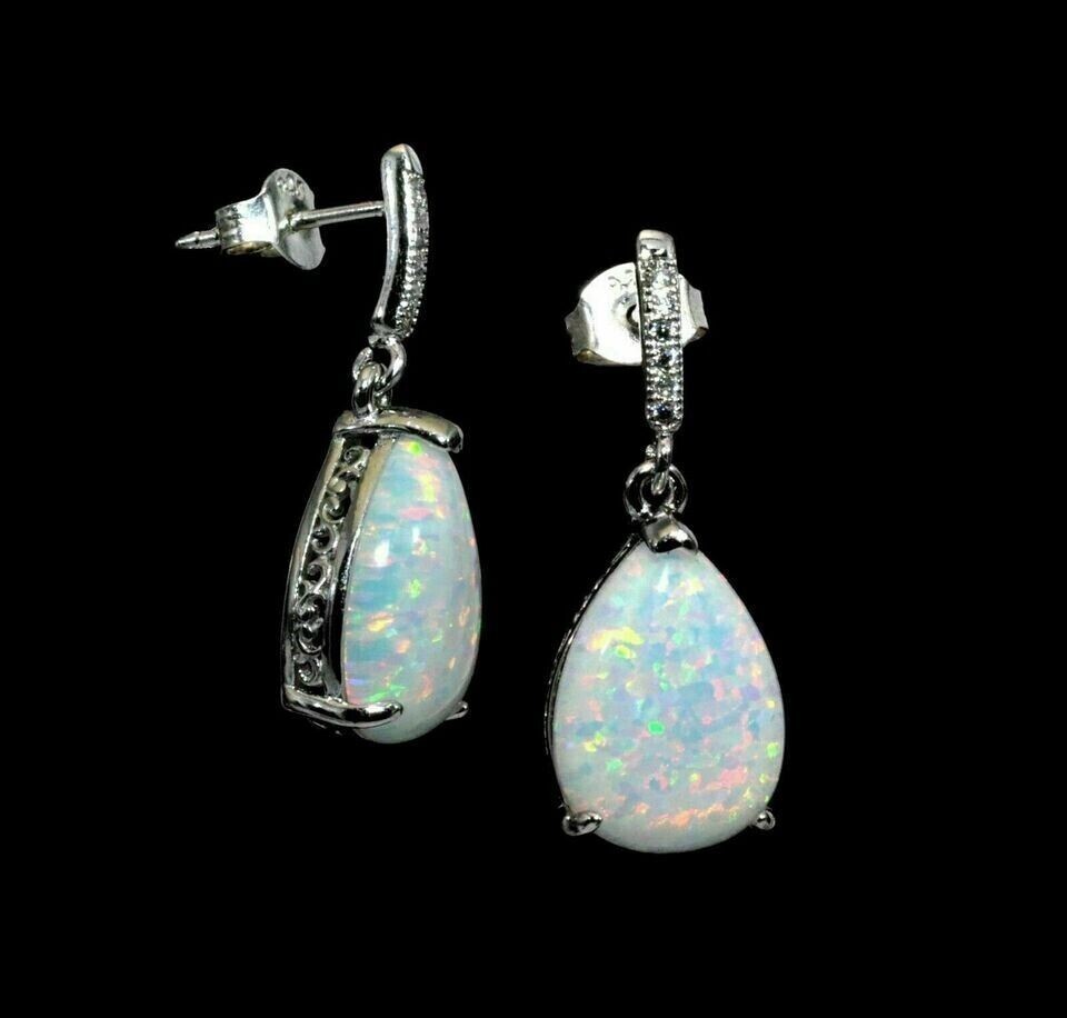 3Ct Pear Cut Simulated Fire Opal Women’s Drop Earrings In 14K White Gold Plated