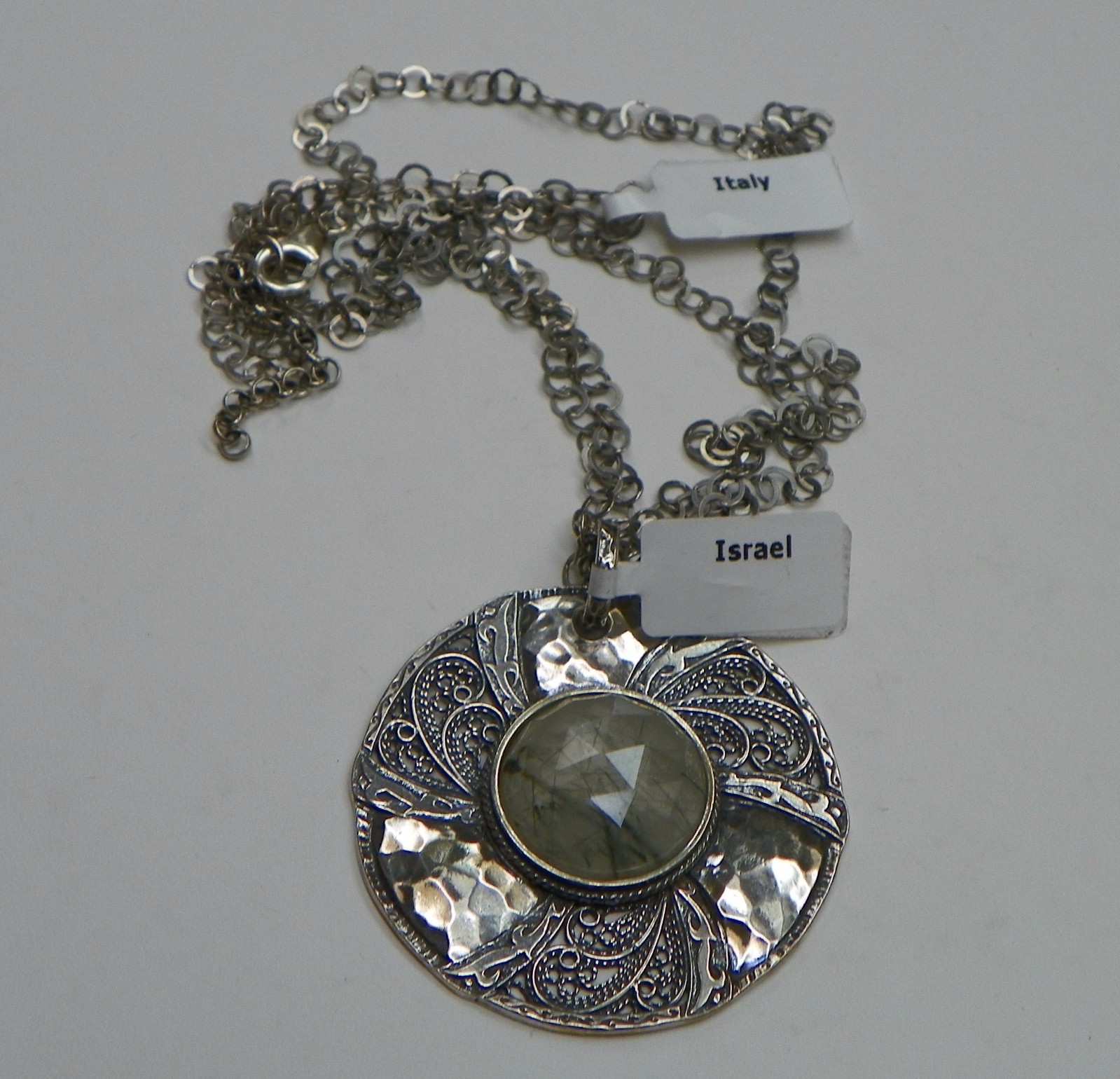 Sterling Silver – Green Rutilated Quartz Disc Chain 30g – Necklace (20″)