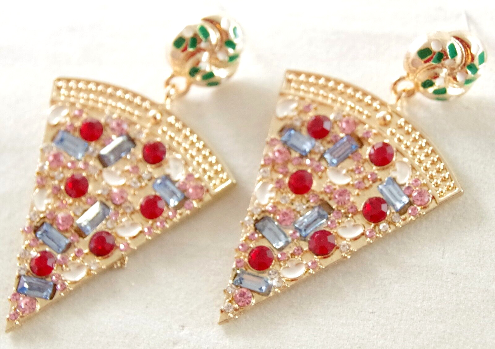 2.25″ BETSEY JOHNSON PIZZA SLICE CRYSTAL RHINESTONE/ ENAMEL DROP DANGLE EARRINGS