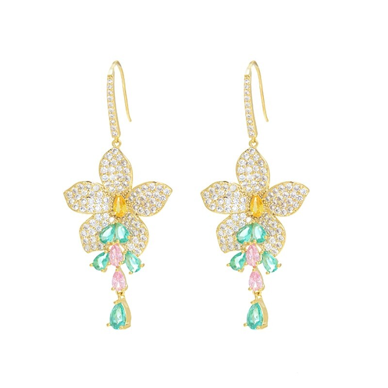 18K Gold Filled Simulated Crystal Sparkling Five Leaf Flower Teardrop Earrings