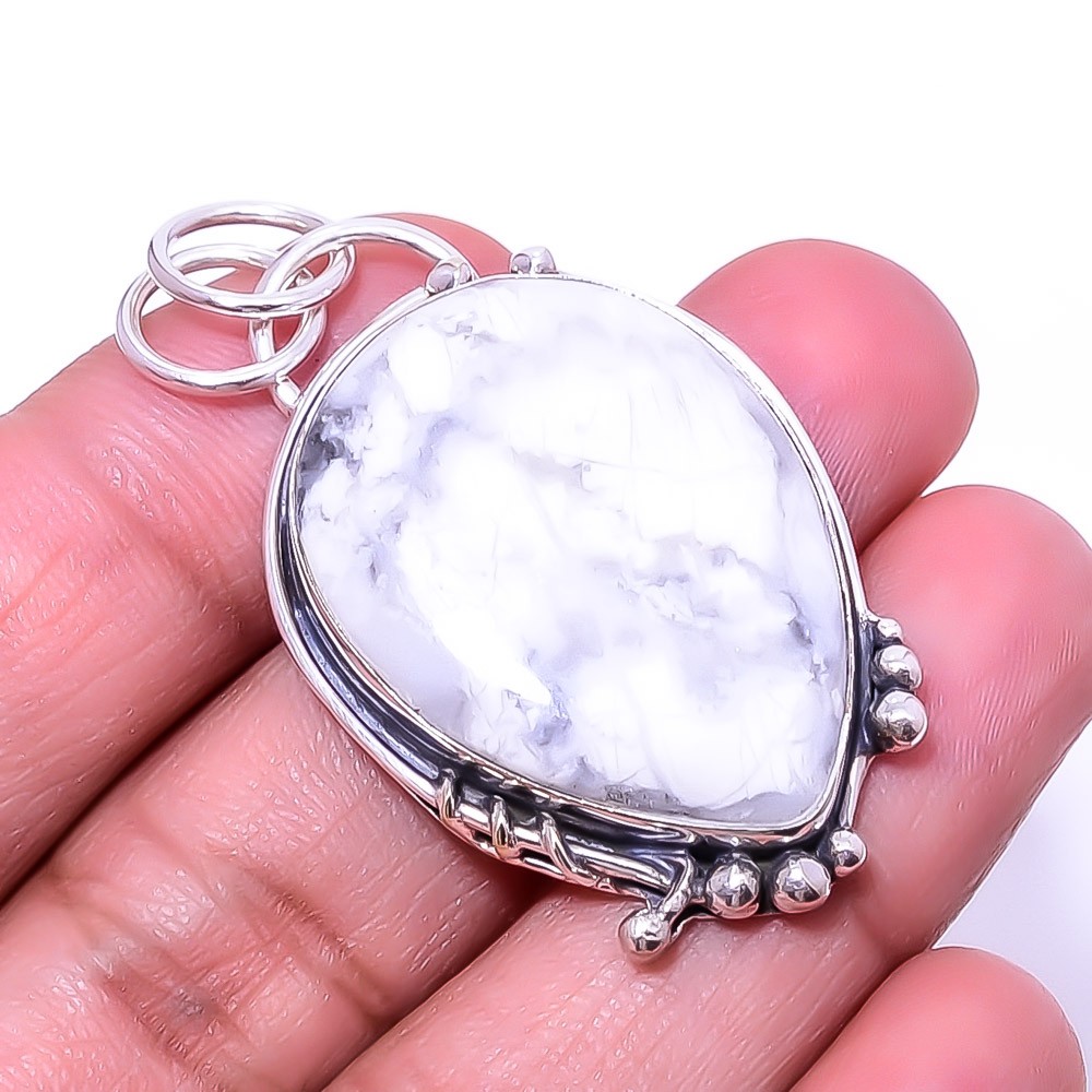 Natural White Howlite – United States 925 Sterling Silver Pendant 1.95″ P38