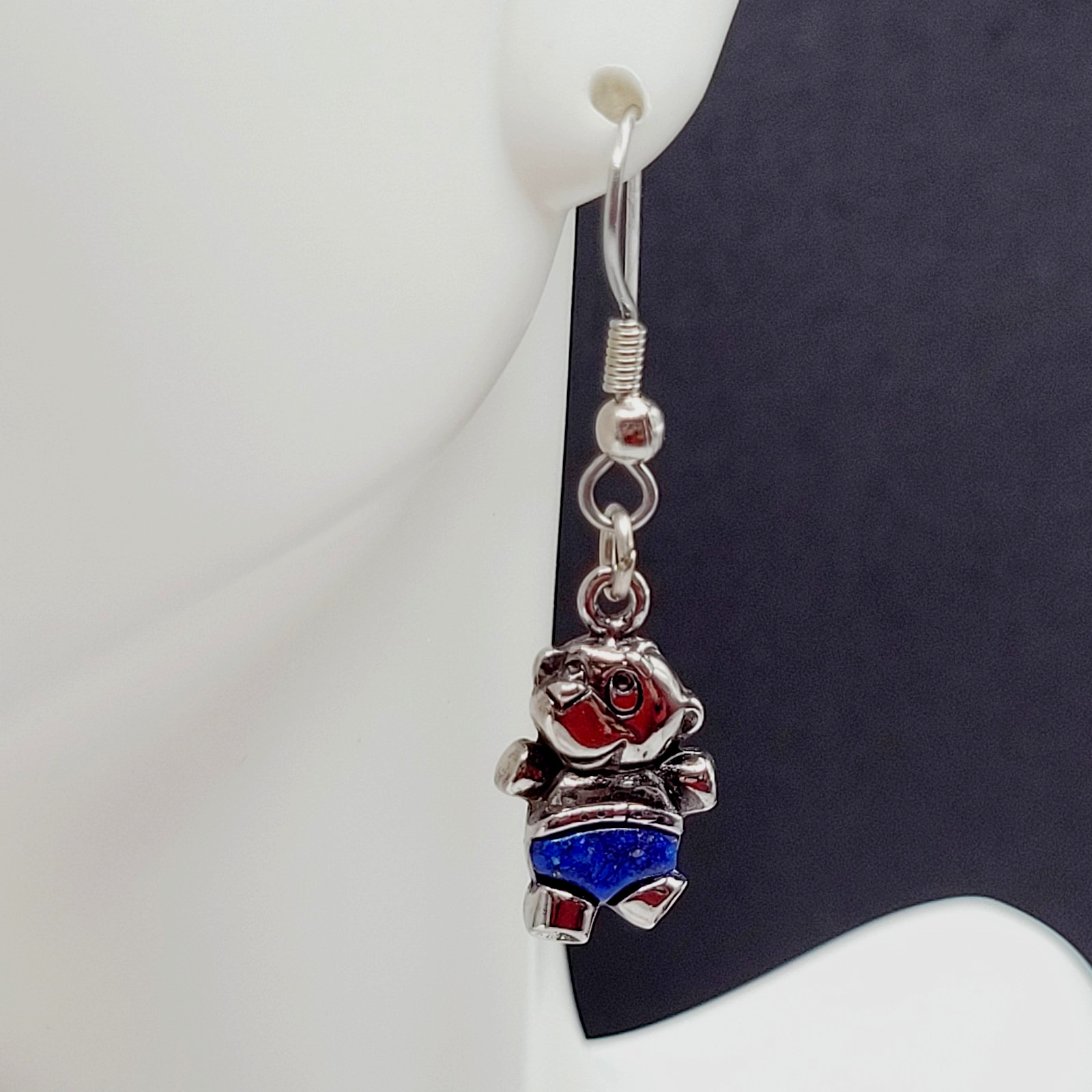 SW Waldeck Johnson Teddy Bear Lapis Lazuli Silver Tone Pierced Hook Earrings