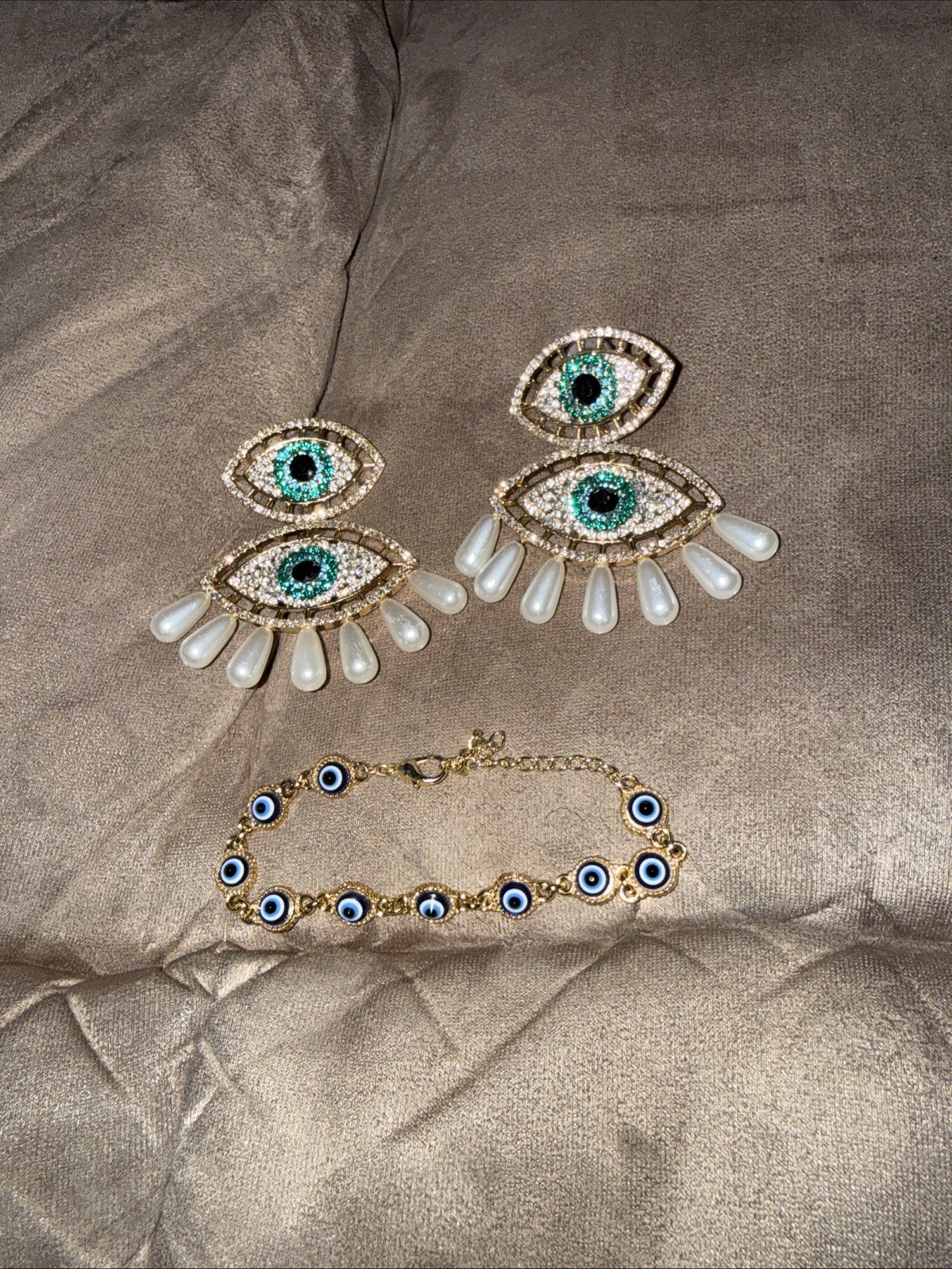 Eye Pearl Gold Post Rhinestone Fashion Statement Evil Eye Earring And Bracelet B