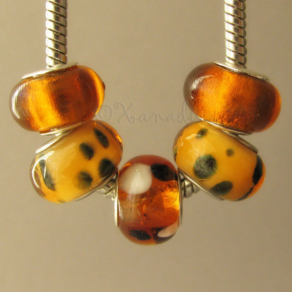 5PCs Golden Amber Brown Lampwork Glass Beads For European Style Charm Bracelets