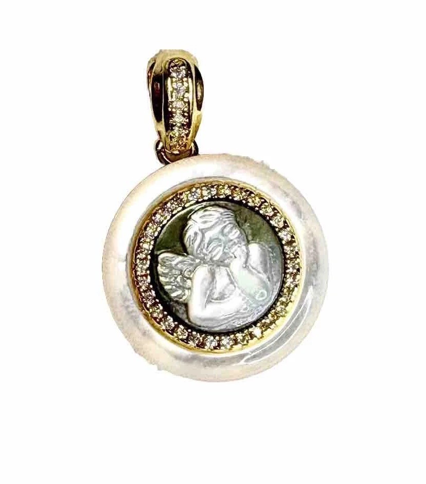 Angel Cameo Mother-of-Pearl Cubic Zirconia Gold Plated Pendant Pink Or Gray