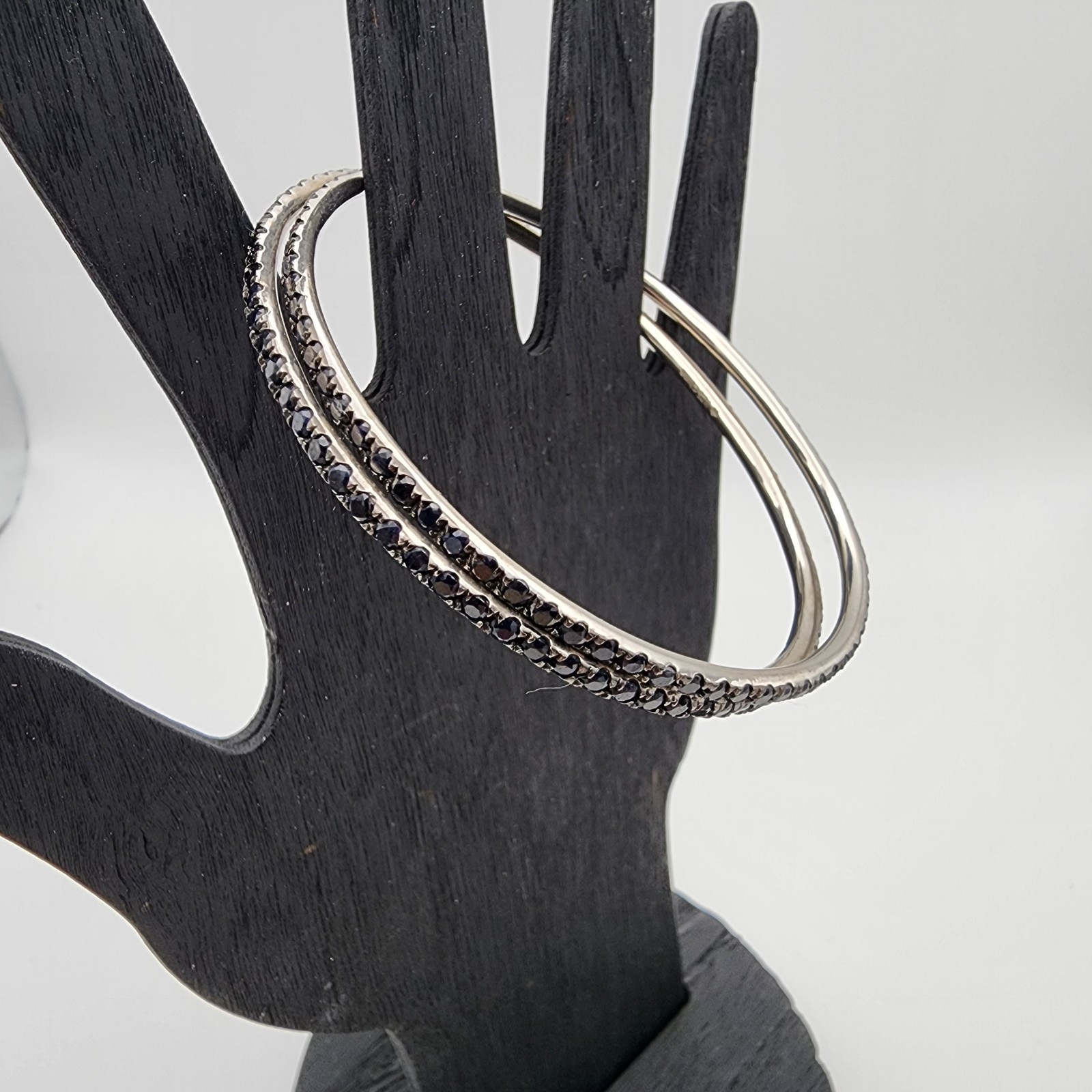 925 Sterling Silver Black Spinel Sapphire Eternity Bangle Bracelet Pair Stack 8