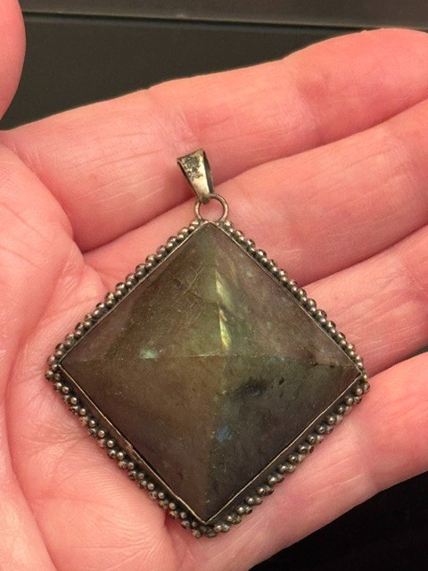 Square-cut natural labradorite pendant set in a textured silver frame. Vintage.