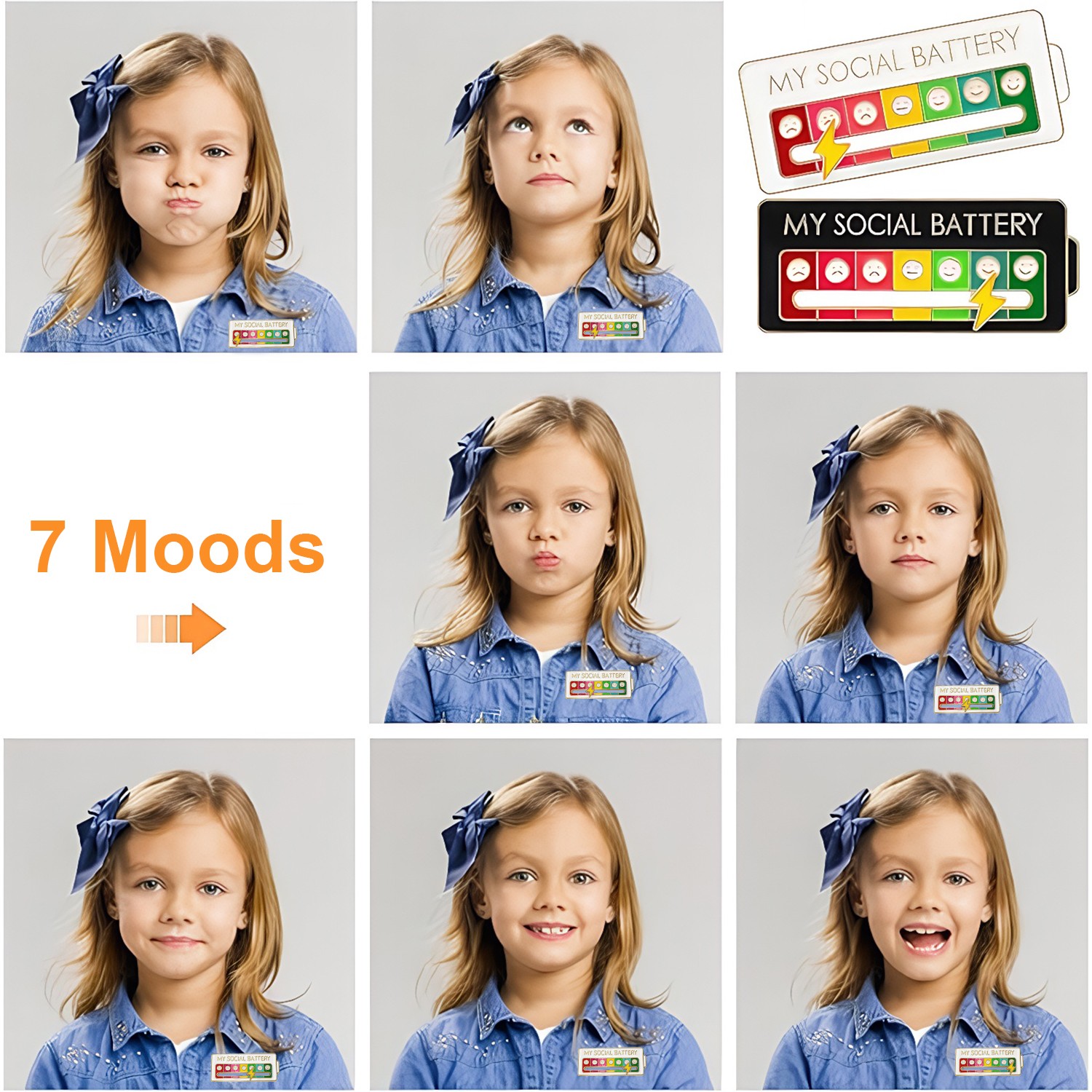 2Pcs Social Battery Slider Pin,Funny Interactive Mood Pins for Jackets&Backpack