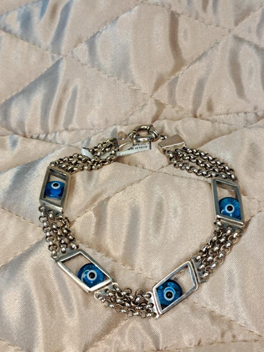 EVIL EYE GOLD LINK BRACELET: 8.5DWT 14K-W/G, 8.5″ 3 STRAND MULTI-CAB (TC4026770)