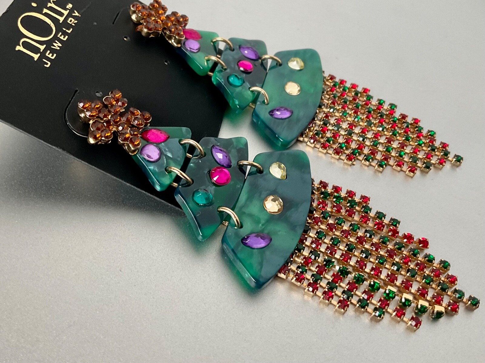 NOIR Funky Statement Christmas Tree Dangle Earrings Acrylic & Rhinestones