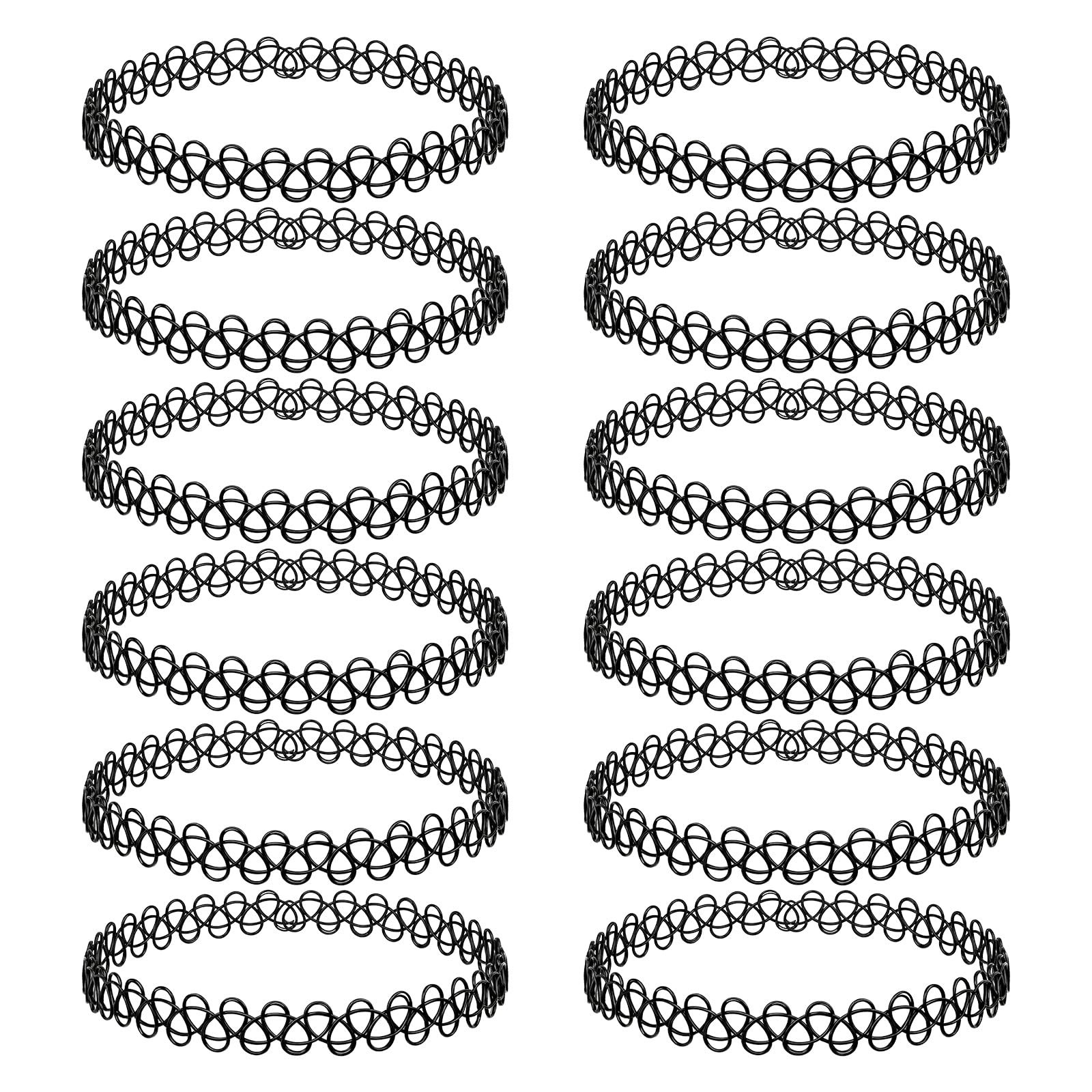 12 Pack 90s Tattoo Choker Necklace Set Black Stretchy Elastic Y2K Gothic