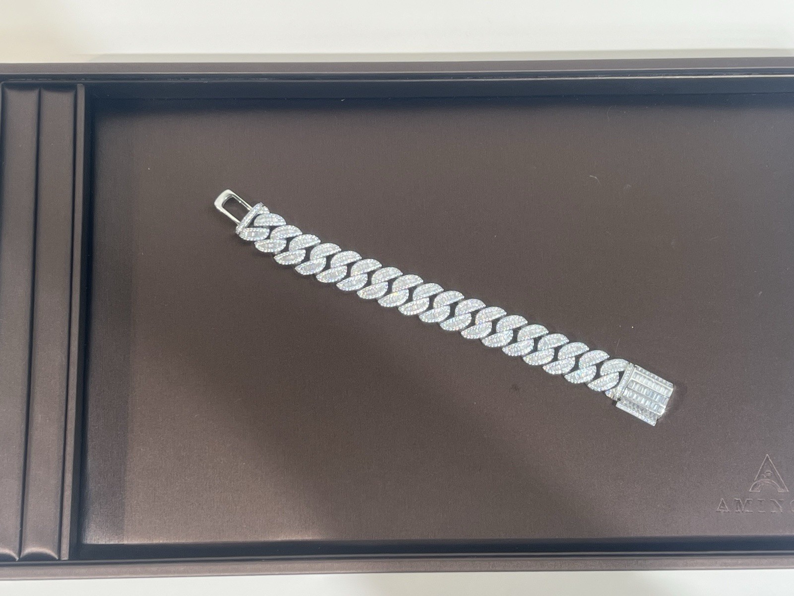 Iced Out Cuban Link Bracelet Cubic Zirconia CZ Silver Tone Baguette Clasp