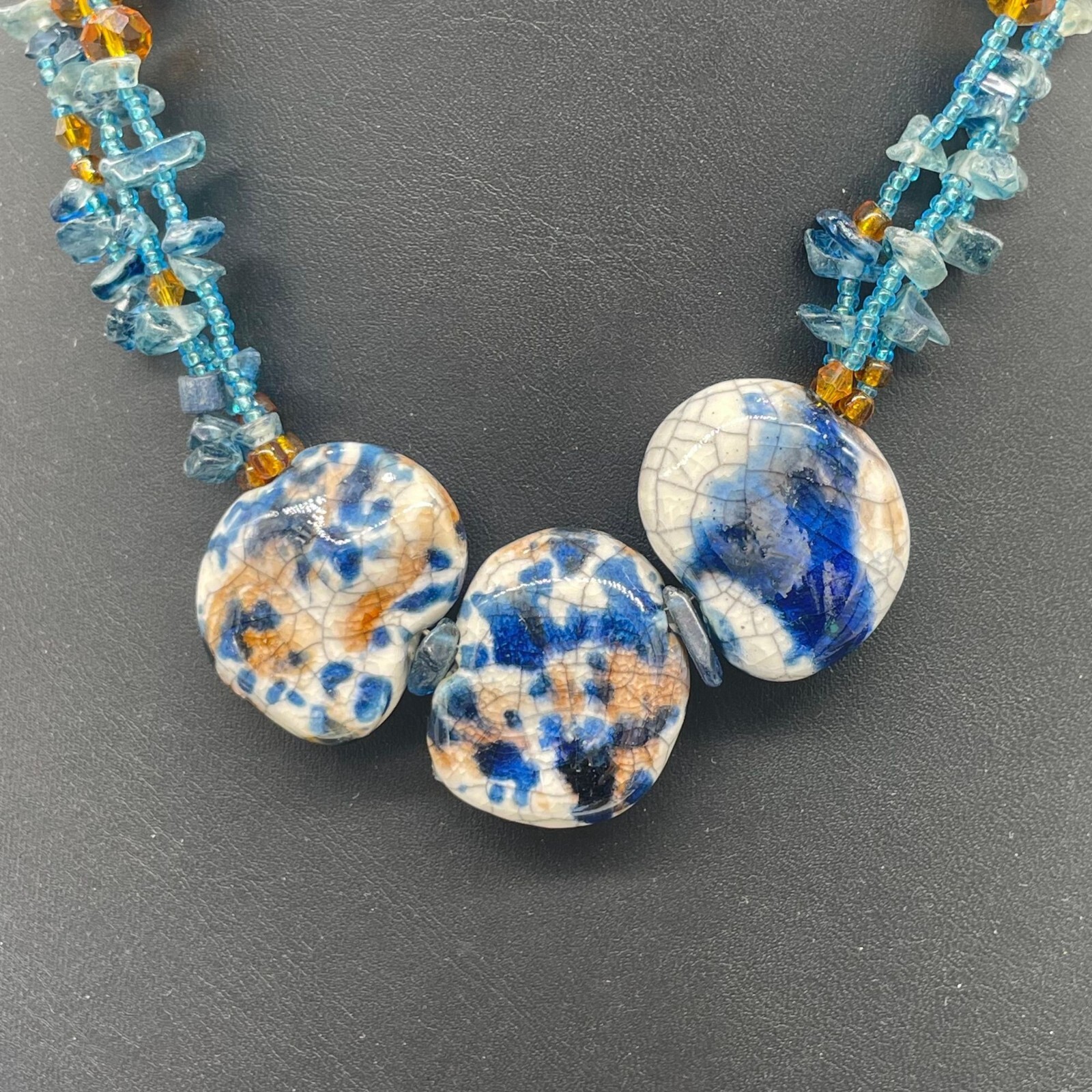 CG Three Stone Blue Beaded Chip Choker Necklace Earthy Nature