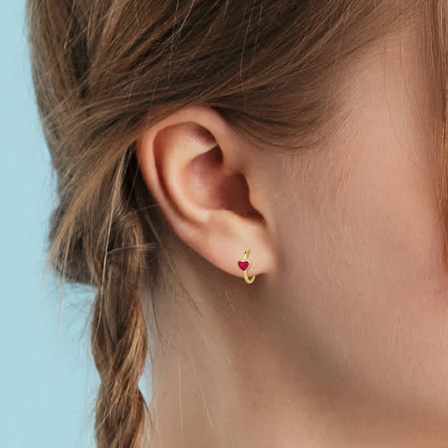 Amour 15mm Pink Enamel Heart Hoop Earrings in 14k Yellow Gold
