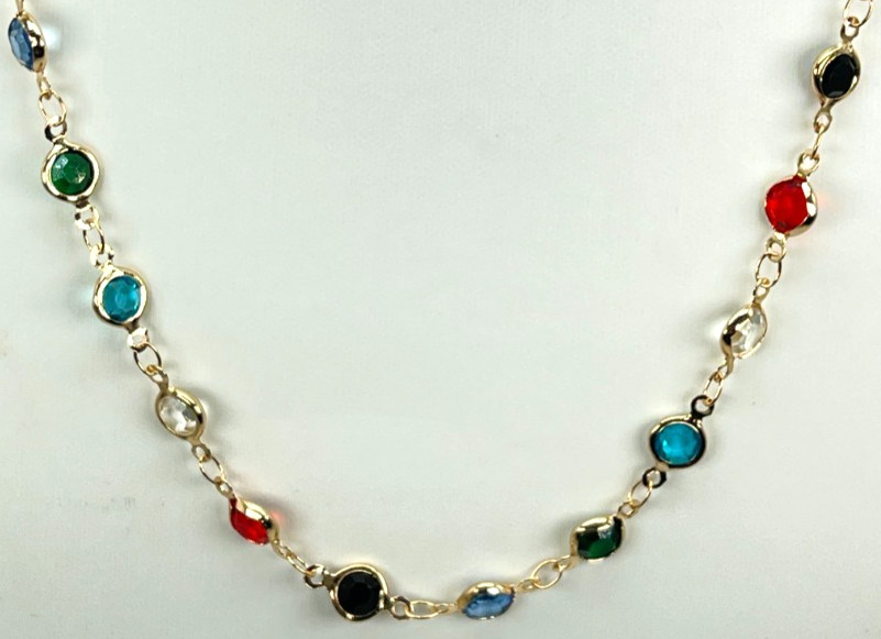 Necklace Gold Tone Blue, Red, Green, White & Black Faceted Crystals. Length 20″