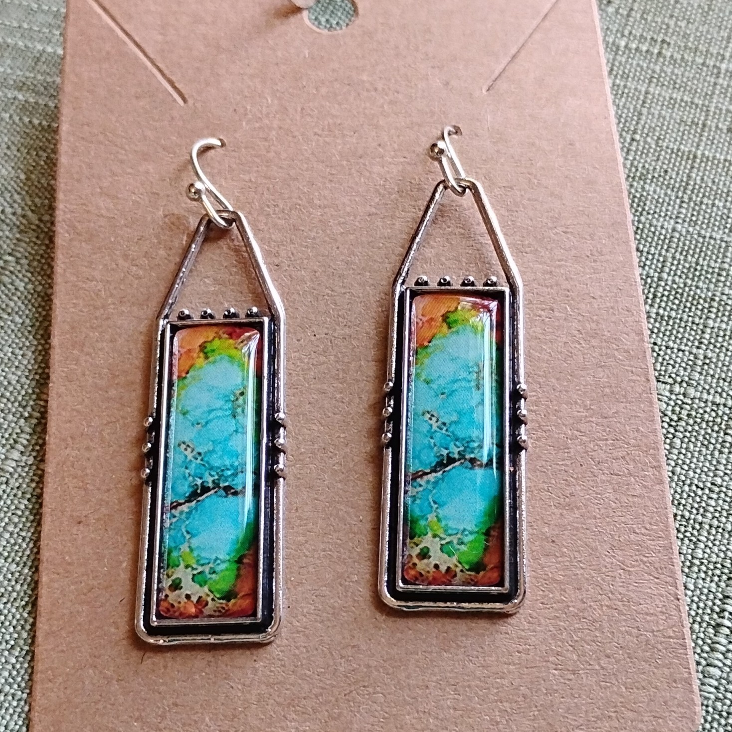 Silver Tone Multicolor Rectangle Metal Dangle/Drop Hook Earrings for Lobe