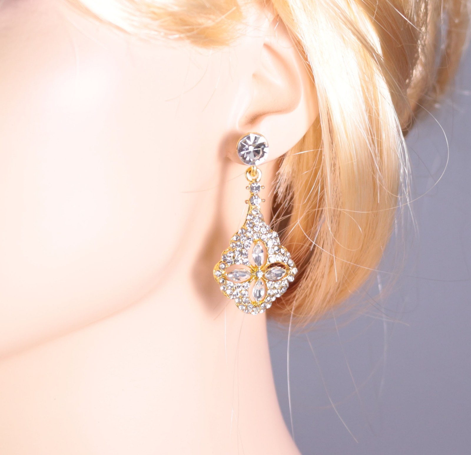 Ice Flower Gold Austrian Crystal Rhinestone Dangle Earrings Bridle Prom E30g