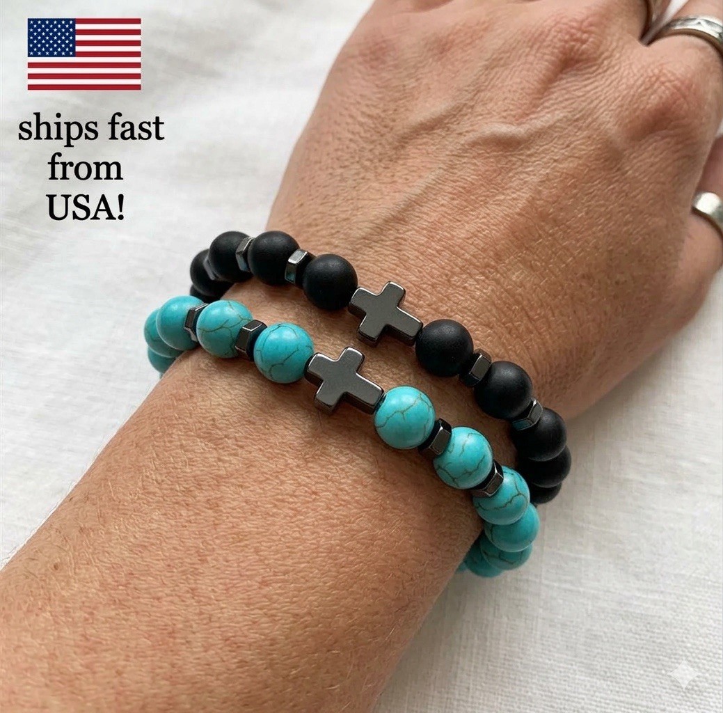 2pc Set Natural Stone Cross Bracelet Set – Mens Womens Beaded Faith Jewelry Gift
