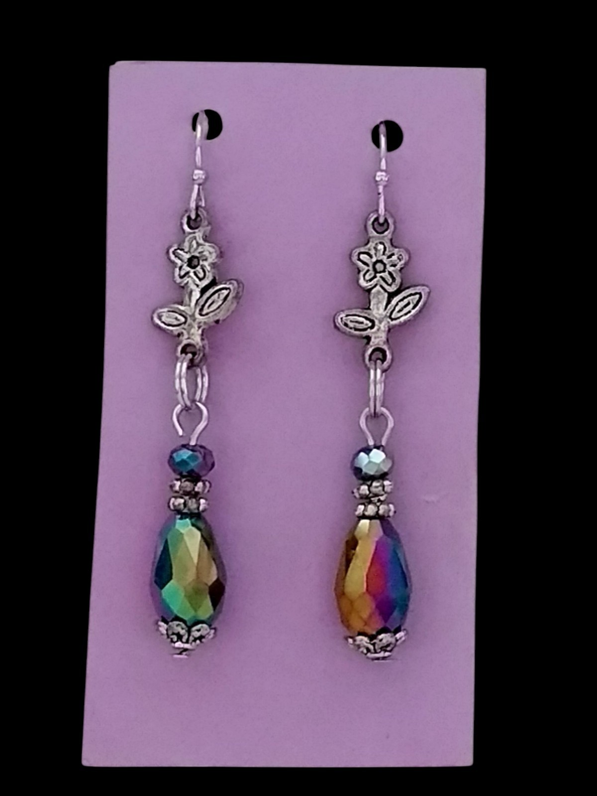 Handcrafted IRRIDESCENT BEADS SILVERTONE FLOWERS Double-Sided Dangle Earrings