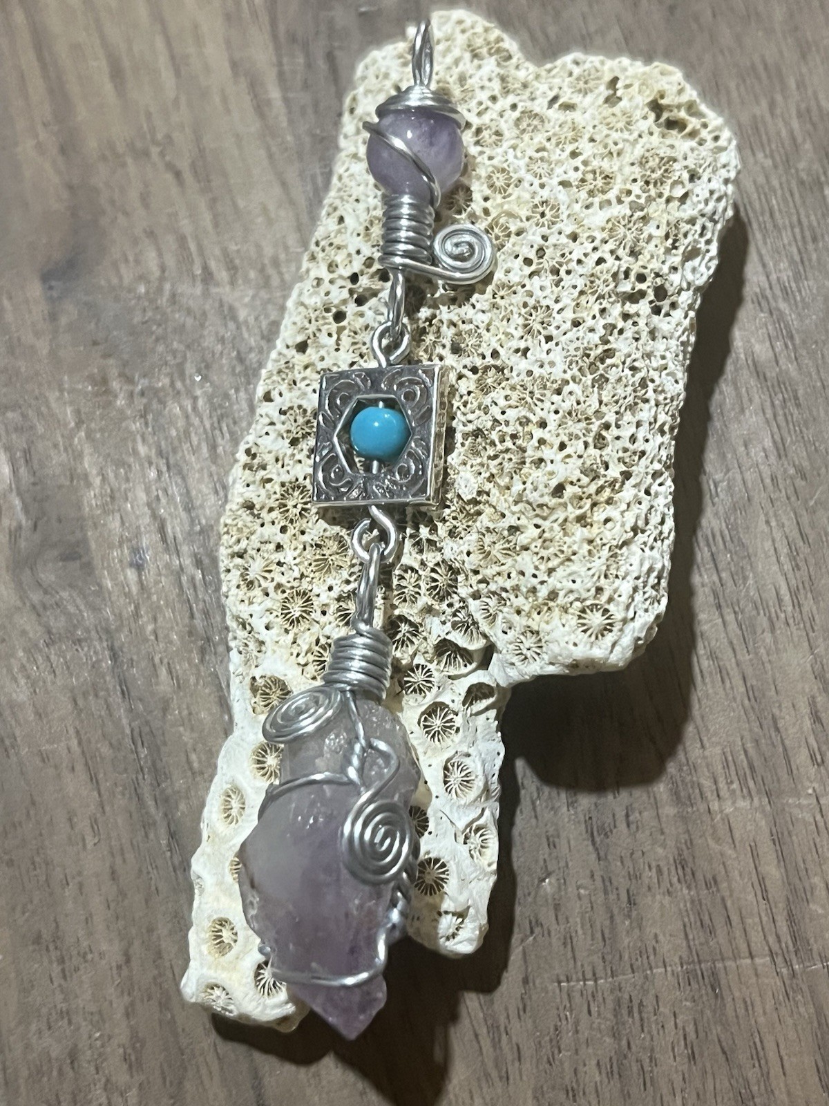 Amethyst Crystal on silver charm with Turquoise bead, Amethyst Crystal Pendant