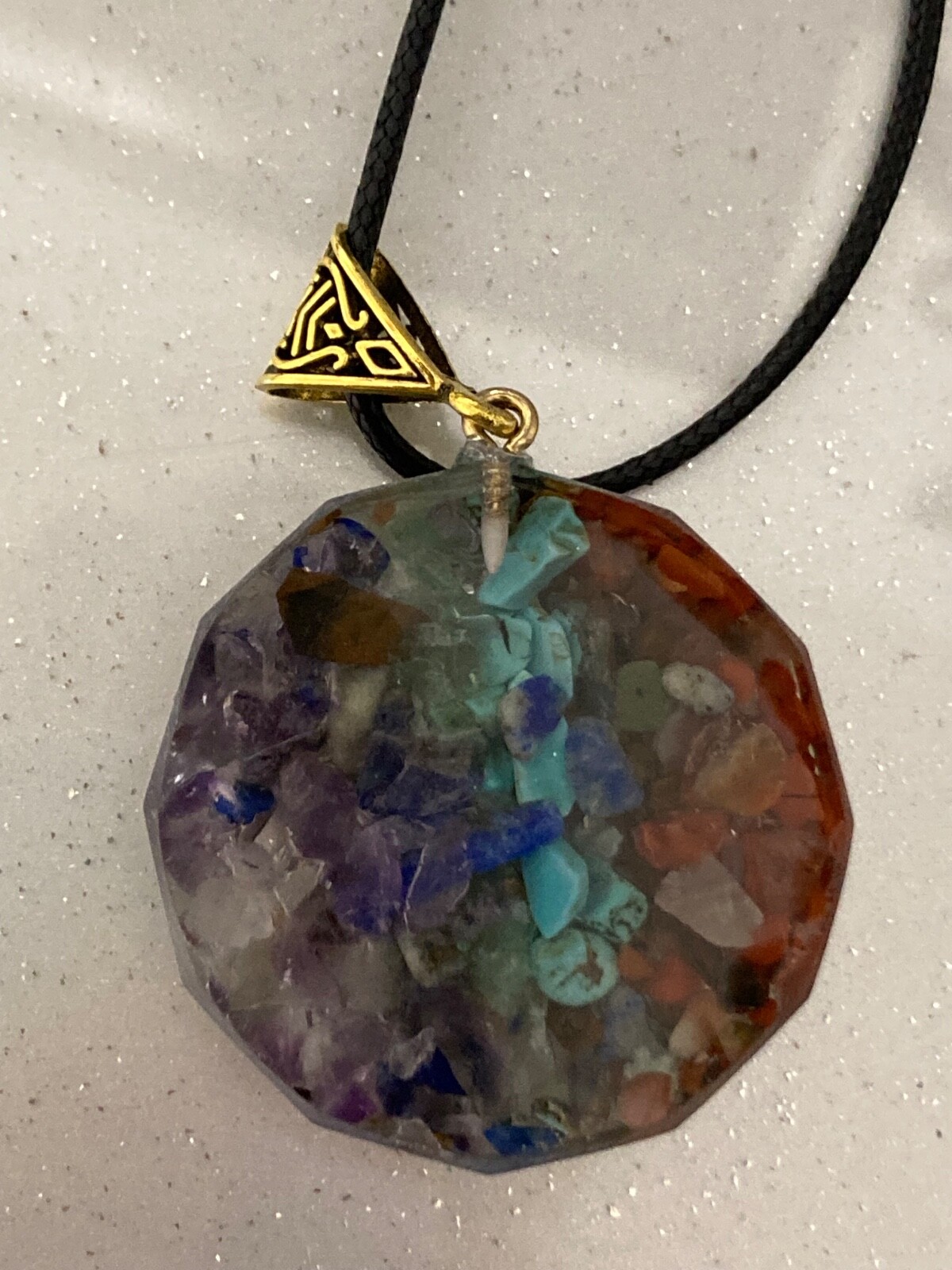 Metatrons Cube Chakra Round Amulet Natural Stones Resin Brass Bail