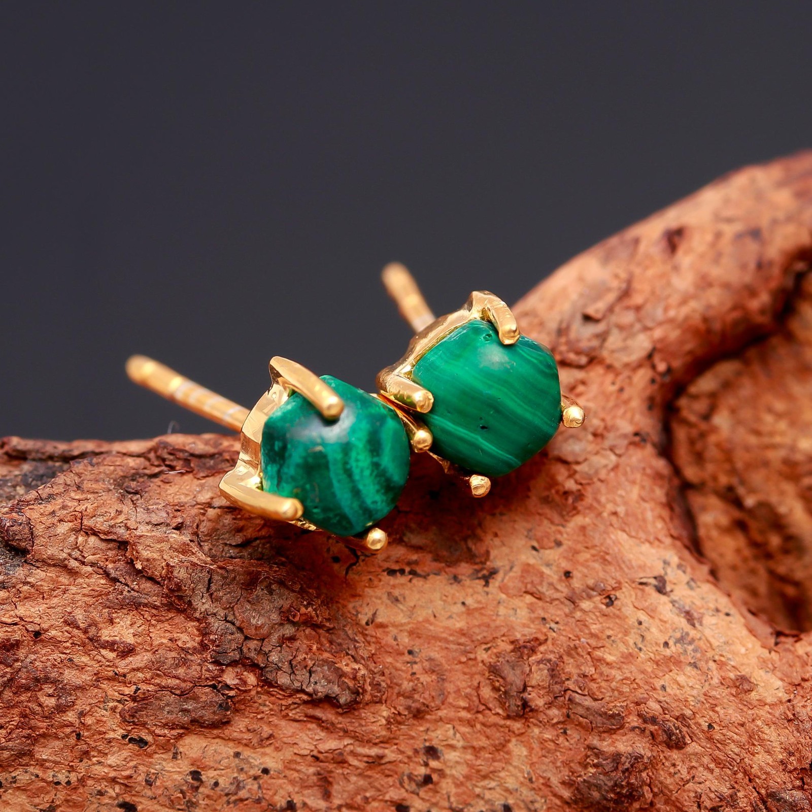 Natural Malachite Hexagon Stud Earrings Gold Plated 925 Sterling Silver Jewelry