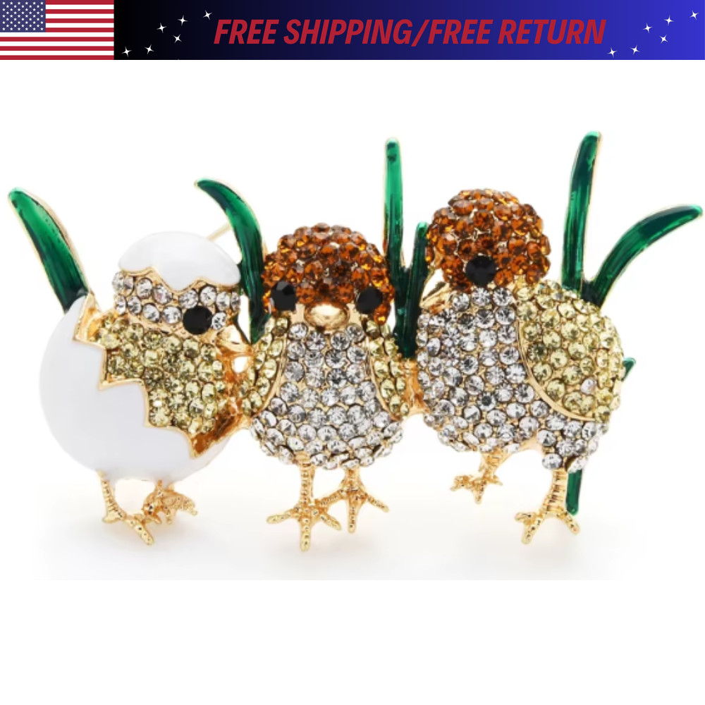 Easter Spring Rhinestone Sparkling Chick Brooch Cute Grass Bird Pin Jewelry Gift