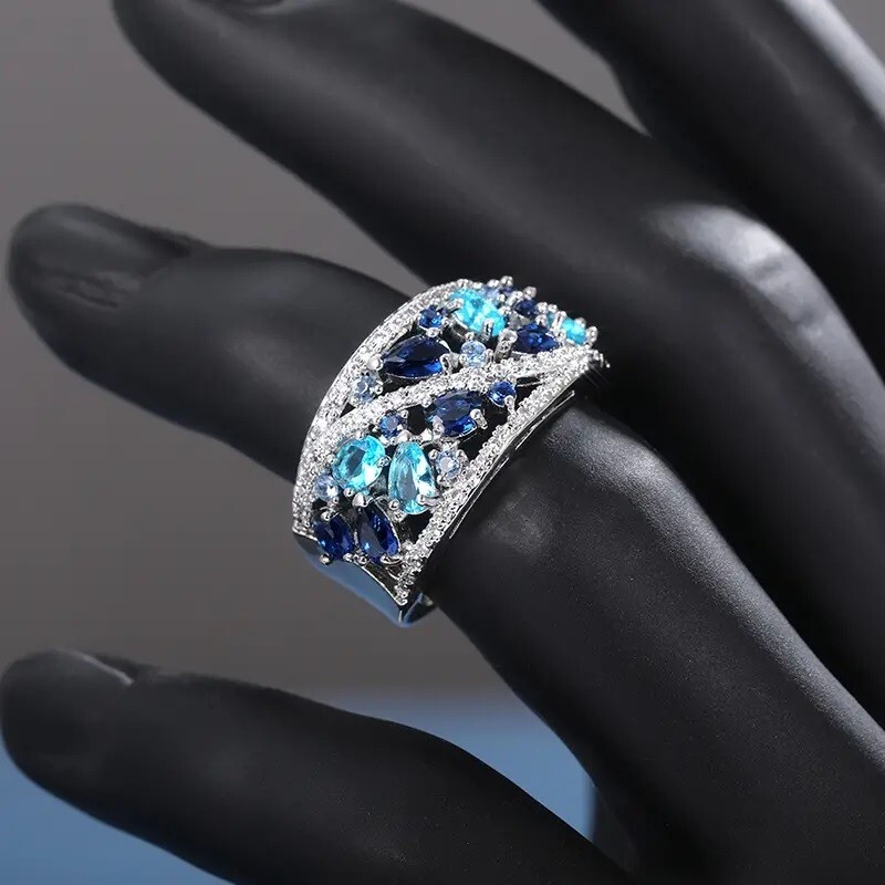 Elegant 925 Sterling Silver Blue White Topaz Wedding Engagement Ring Size 8