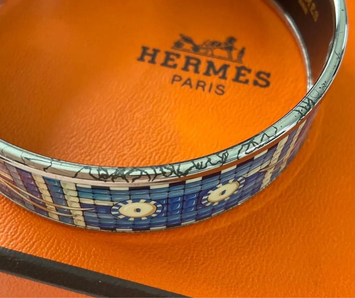 HERMES Cloisonne Enamel Email GM Bangle Bracelet Royal Blue Silver Women