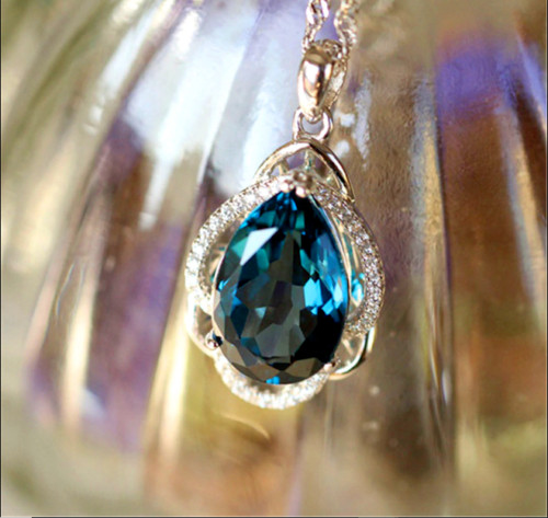 Lab Created London Blue Topaz Tea Drop Pendant 14K White Gold Finish Free Chain