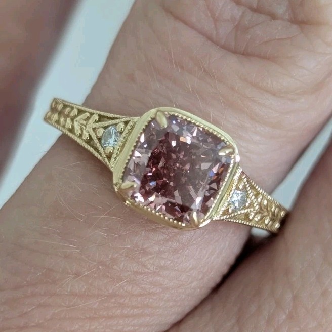 10k Yellow Gold Moody Romantic Pink Diamond Ring Size 6 Cushion Set