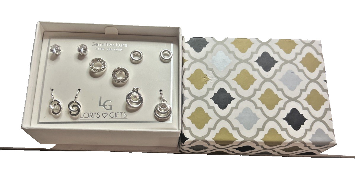 Lori’s Gifts Sensitive Earrings Set Of 5 New Cubic Zirconia Boxed Set