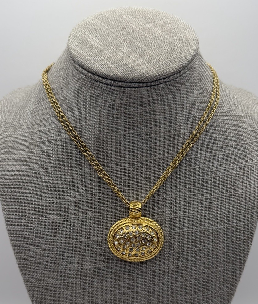 Roman Signed Gold Tone Oval Rhinestone Choker, Double Rope Chain (not original)