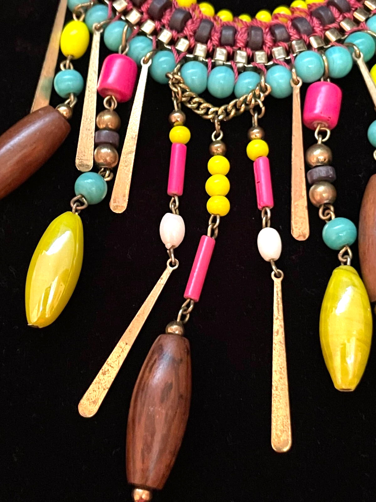 Boho Ethnic Statement Dangle Necklace Fringe Artsy Beachy Bright Multicolor VTG