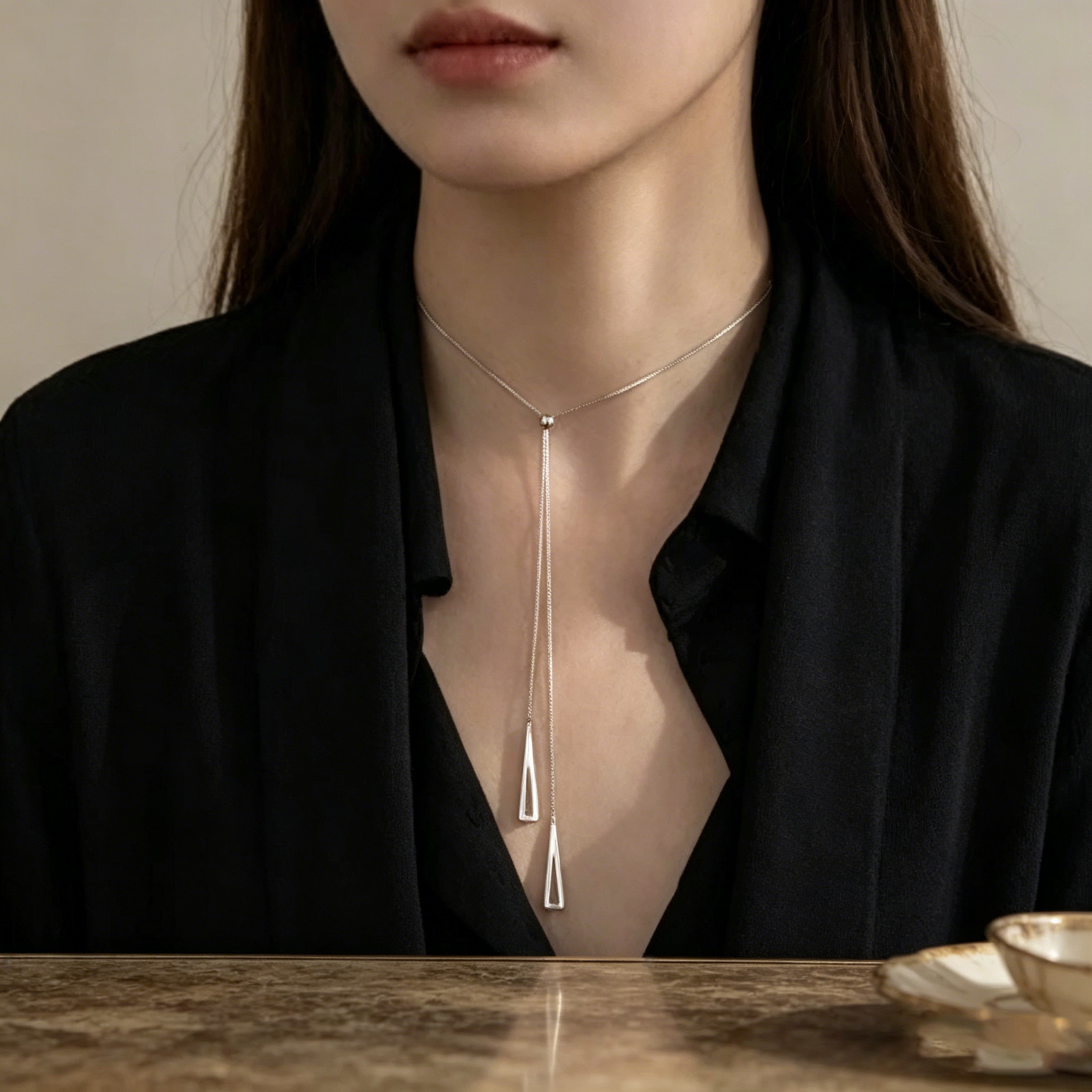 Minimalist Y Drop Necklace Hollow Triangle Pendant Long Chain Neck Jewelry