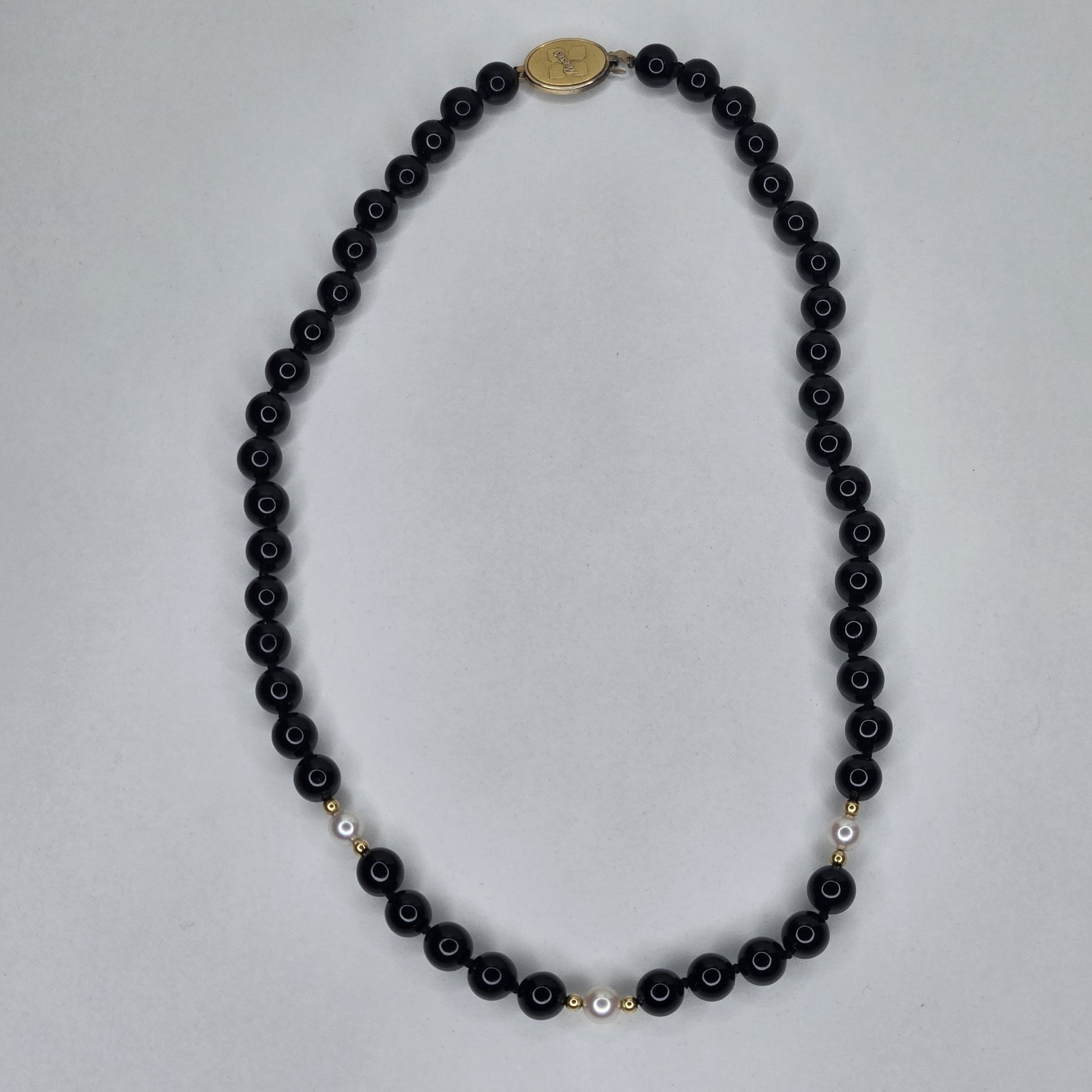 Jostens Imperial Black Onyx Pearl Bead 17″ Necklace Sterling 925 Vermeil Reese’s